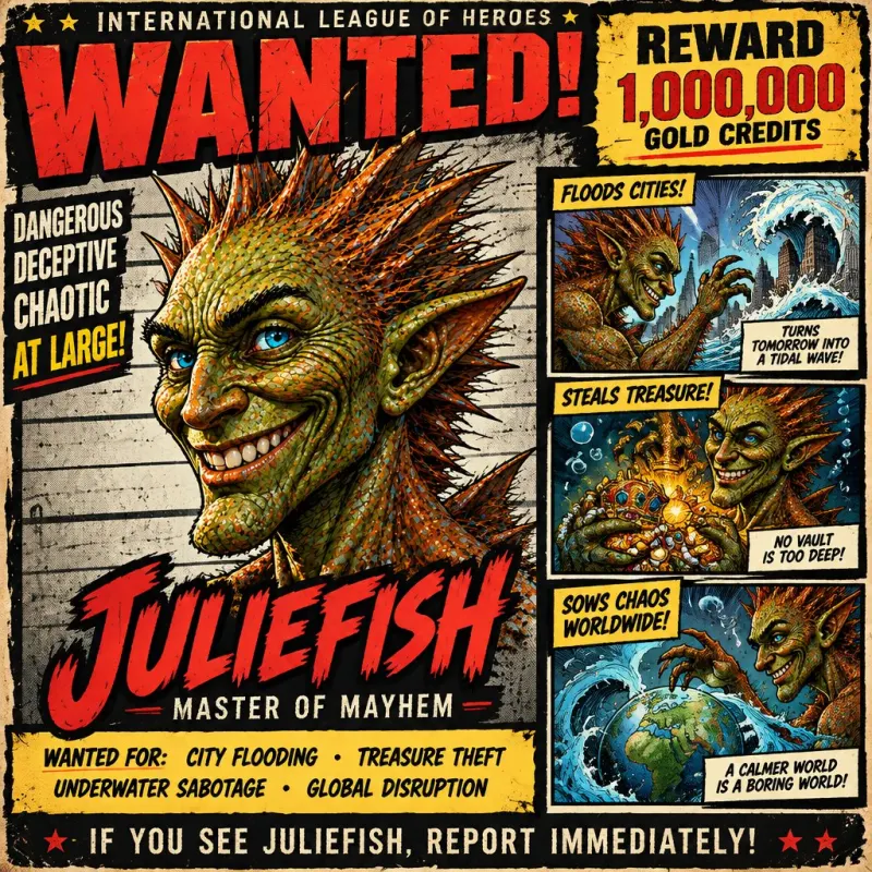A wanted poster for Juliefish, Master of Mayhem — made at the MBI