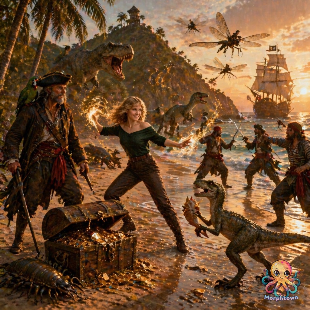Morphkin transformed into a pirate amid dinosaurs
