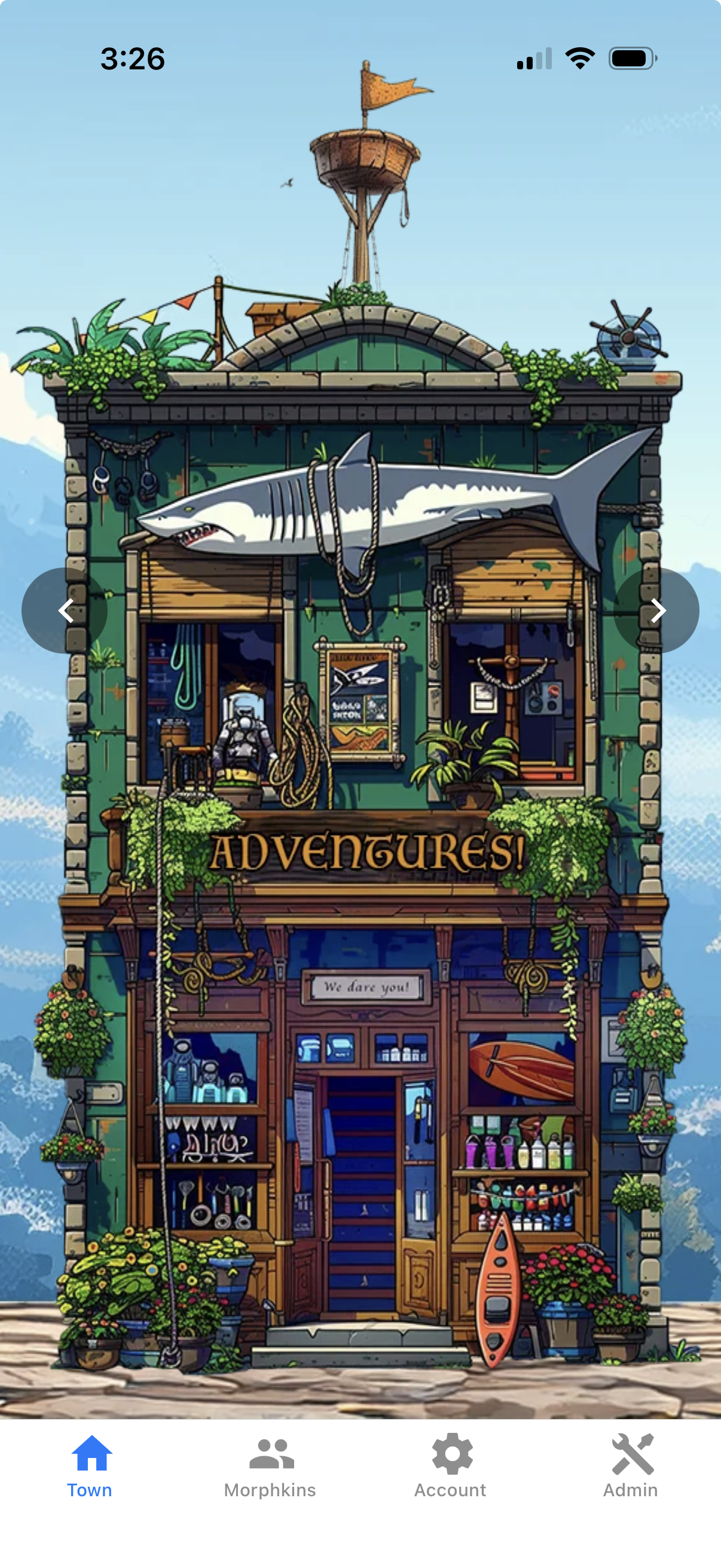 App screenshot: the Morphtown town street with shops to explore